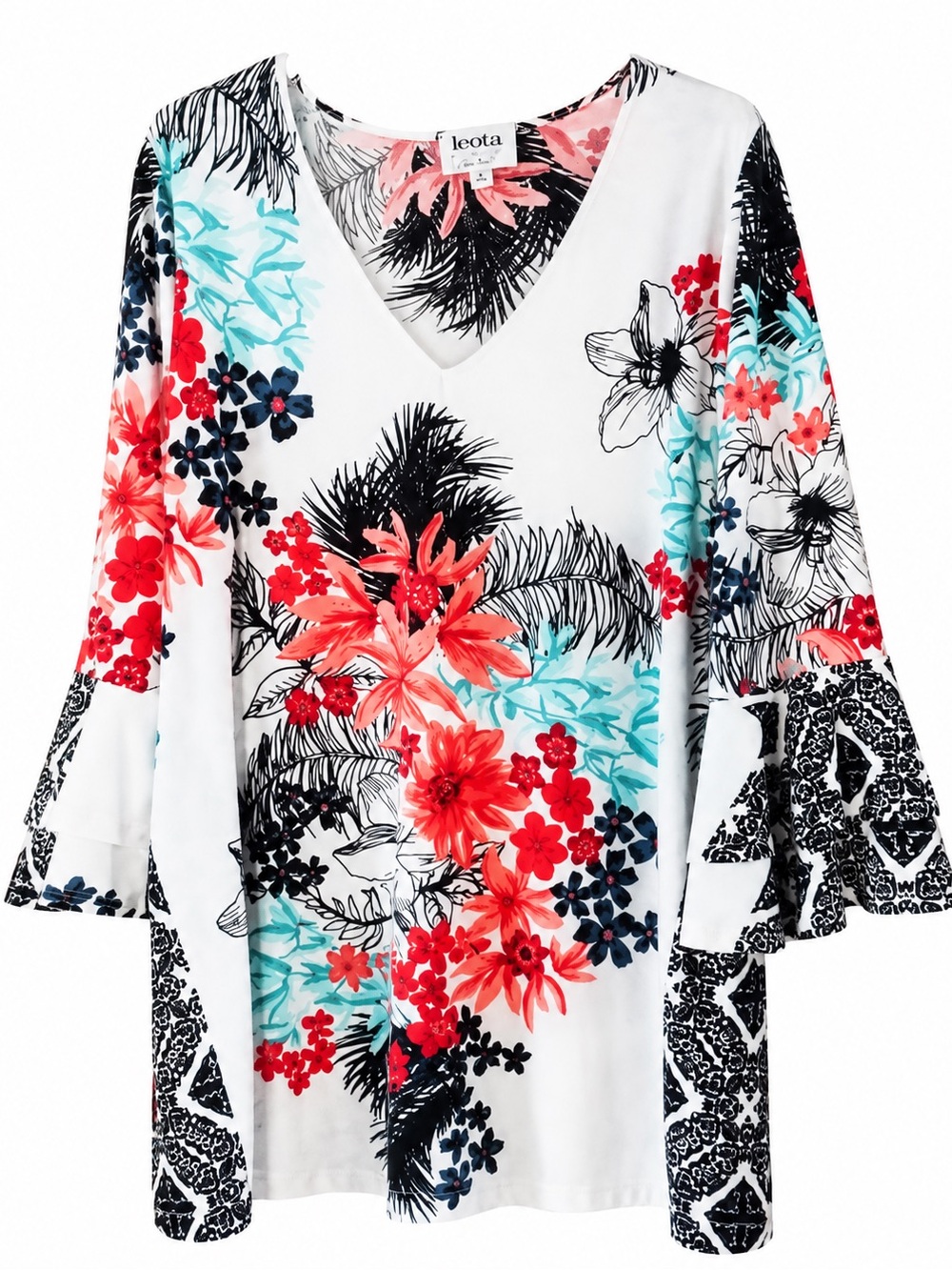 Leota White Floral V-Neck Bell Sleeve Tunic with Coral & Aqua Accents